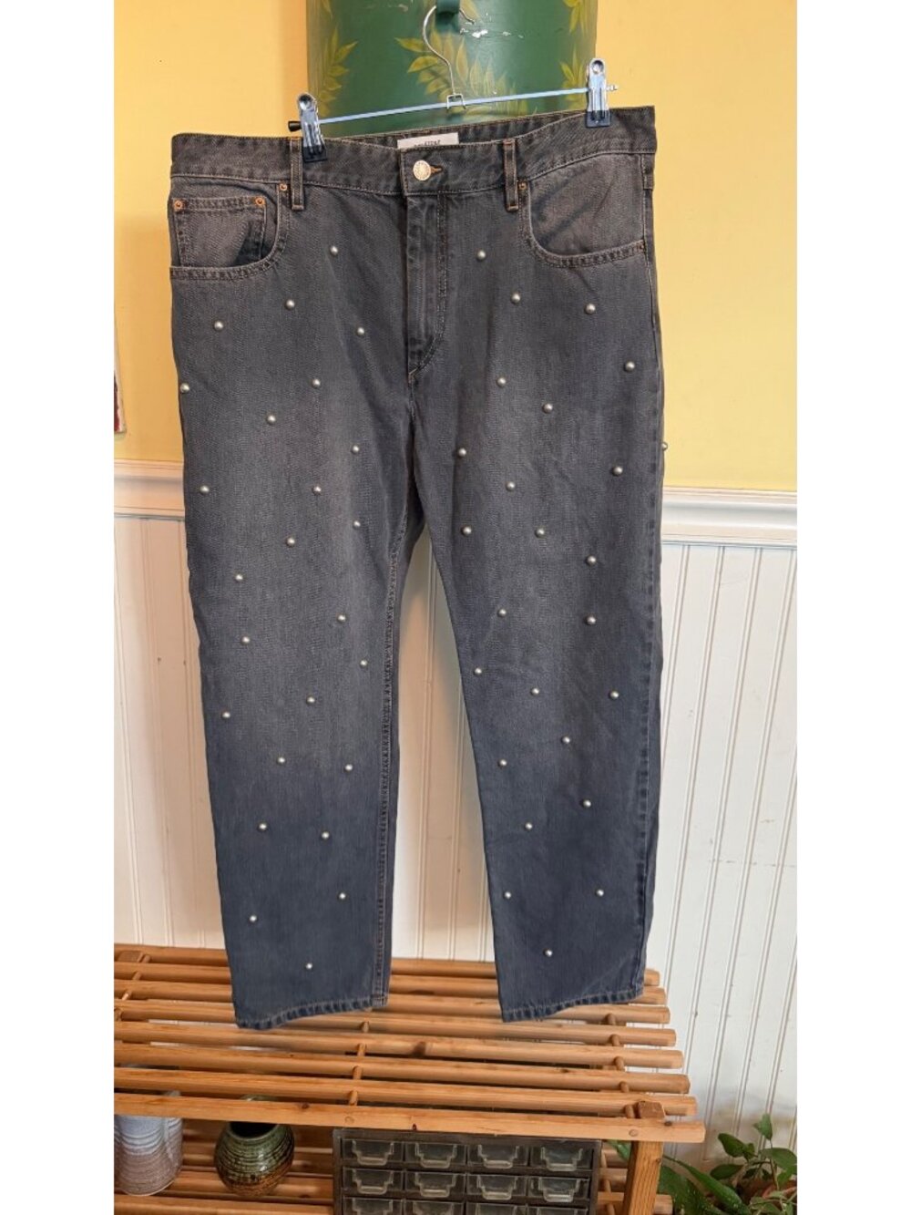 Isabel Étoile Marant Gray Pearl Embellished Denim Jeans Made In Morocco 16” Wais
